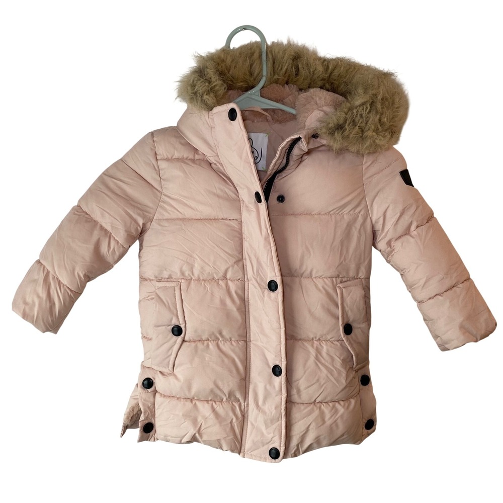 Sam Edelman Puffer Jacket 2T Pink Faux Fur Hood Quilted Winter Coat Chic Coquett